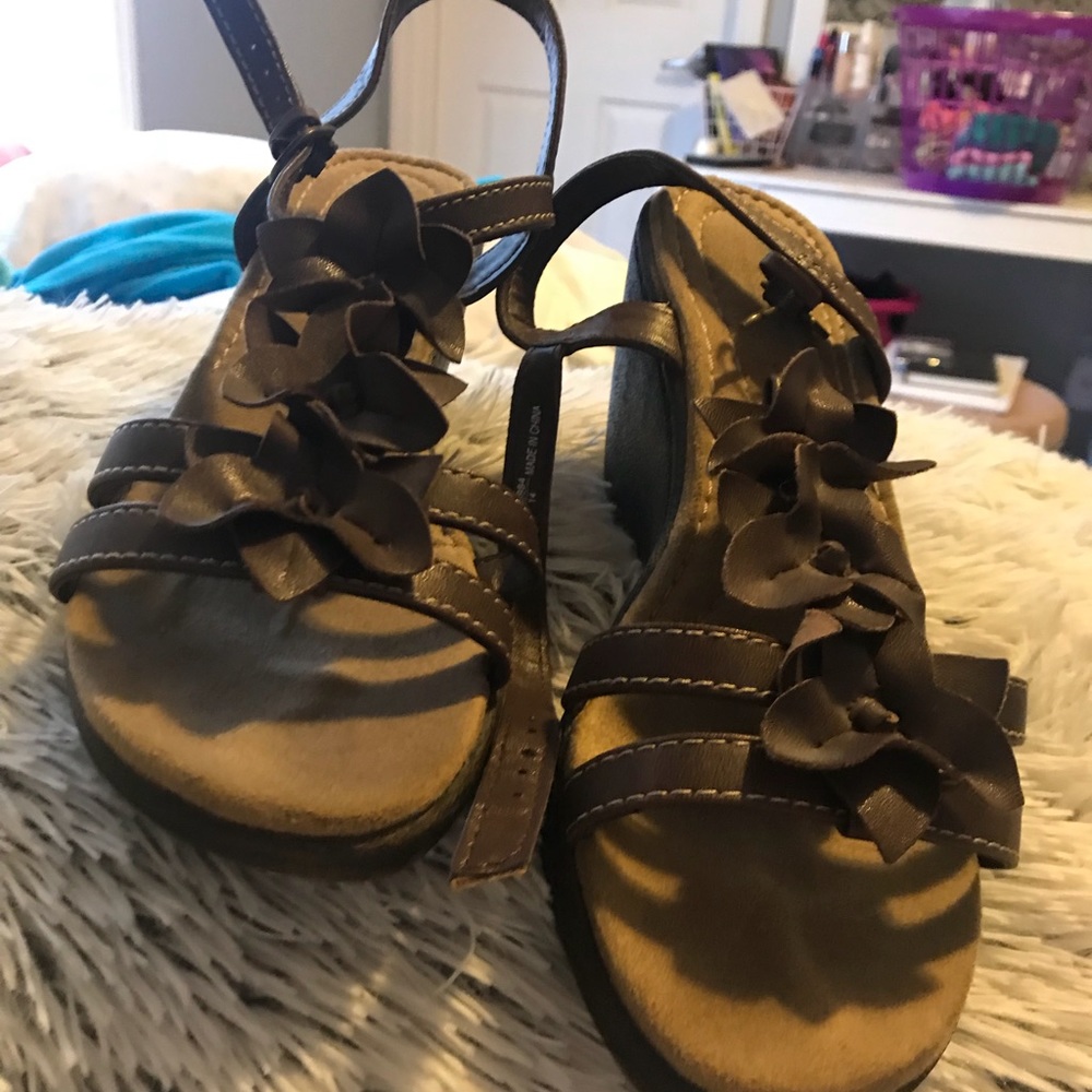 brown flower leather wedges sandals heels
